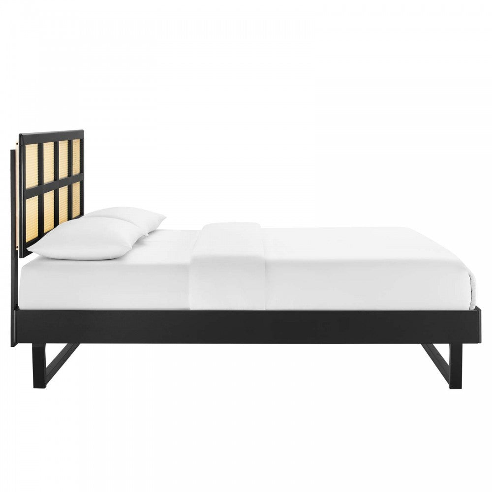 Sidney Cane and Wood Full Platform Bed With Angular Legs, Black