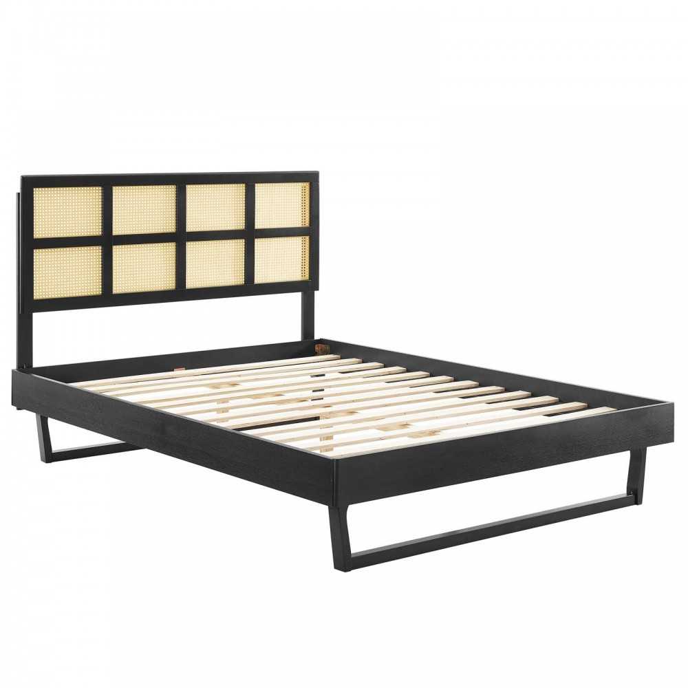 Sidney Cane and Wood Full Platform Bed With Angular Legs, Black