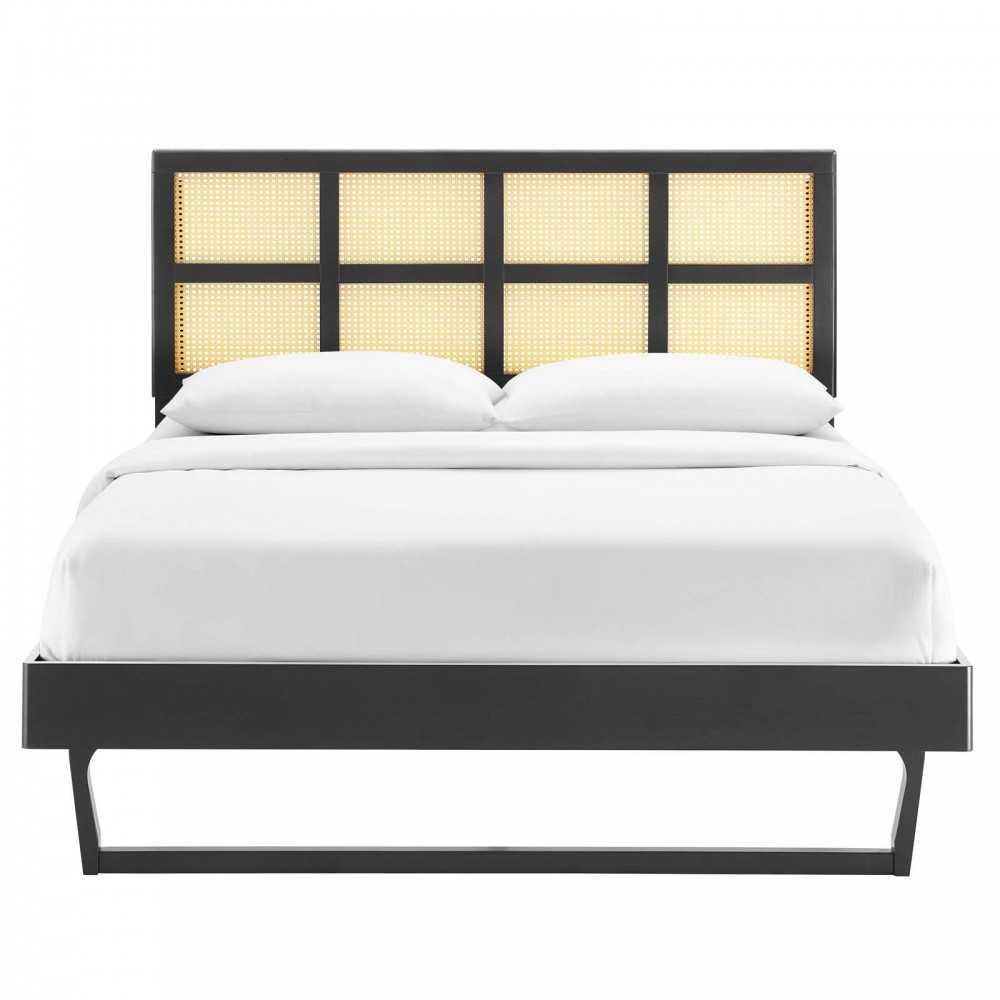 Sidney Cane and Wood Full Platform Bed With Angular Legs, Black