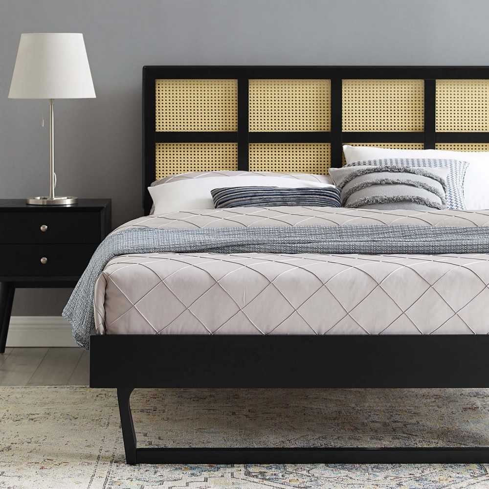 Sidney Cane and Wood Full Platform Bed With Angular Legs, Black