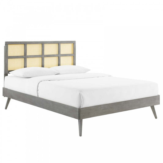 Sidney Cane and Wood Full Platform Bed With Splayed Legs, Gray