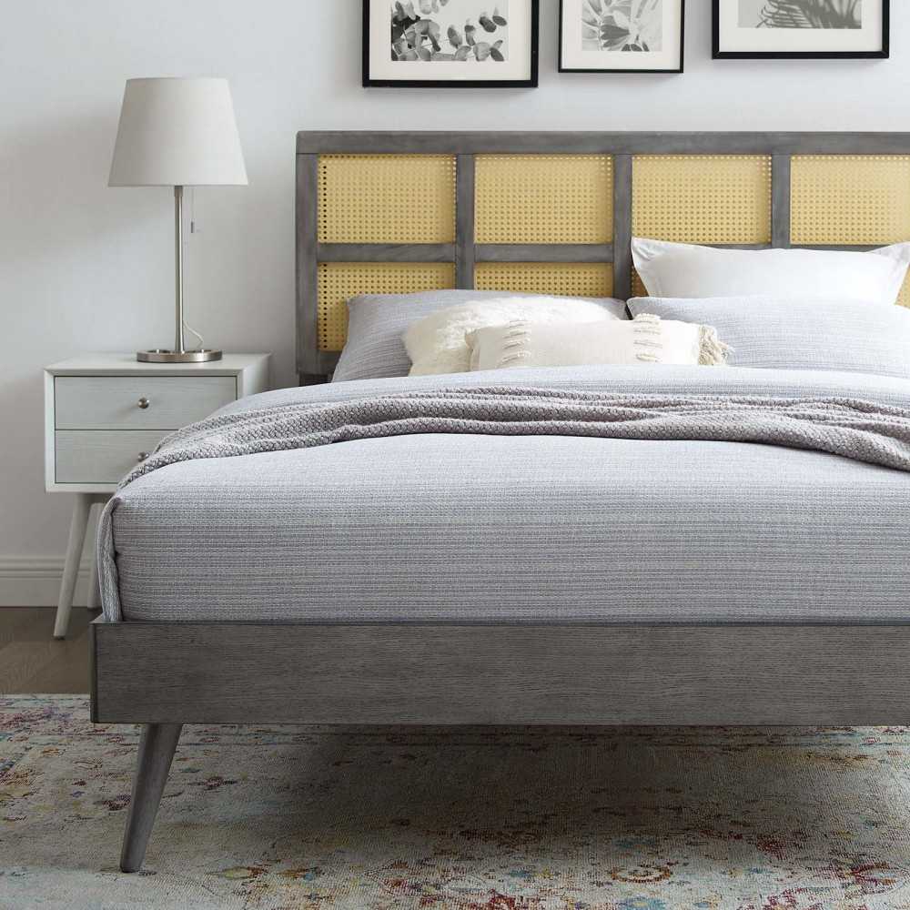 Sidney Cane and Wood Full Platform Bed With Splayed Legs, Gray