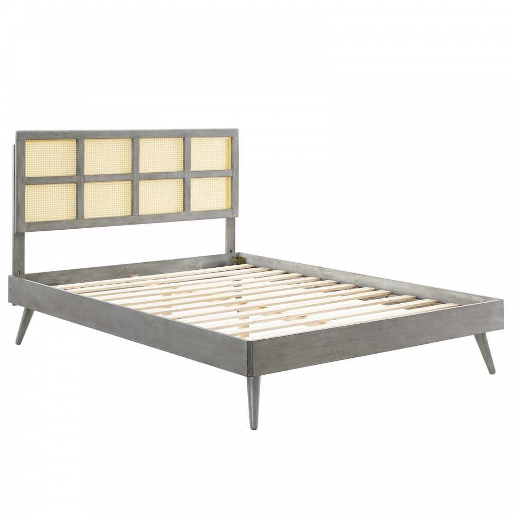 Sidney Cane and Wood Full Platform Bed With Splayed Legs, Gray