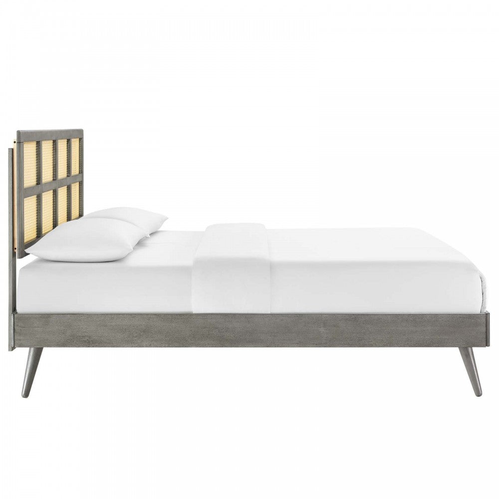 Sidney Cane and Wood Full Platform Bed With Splayed Legs, Gray