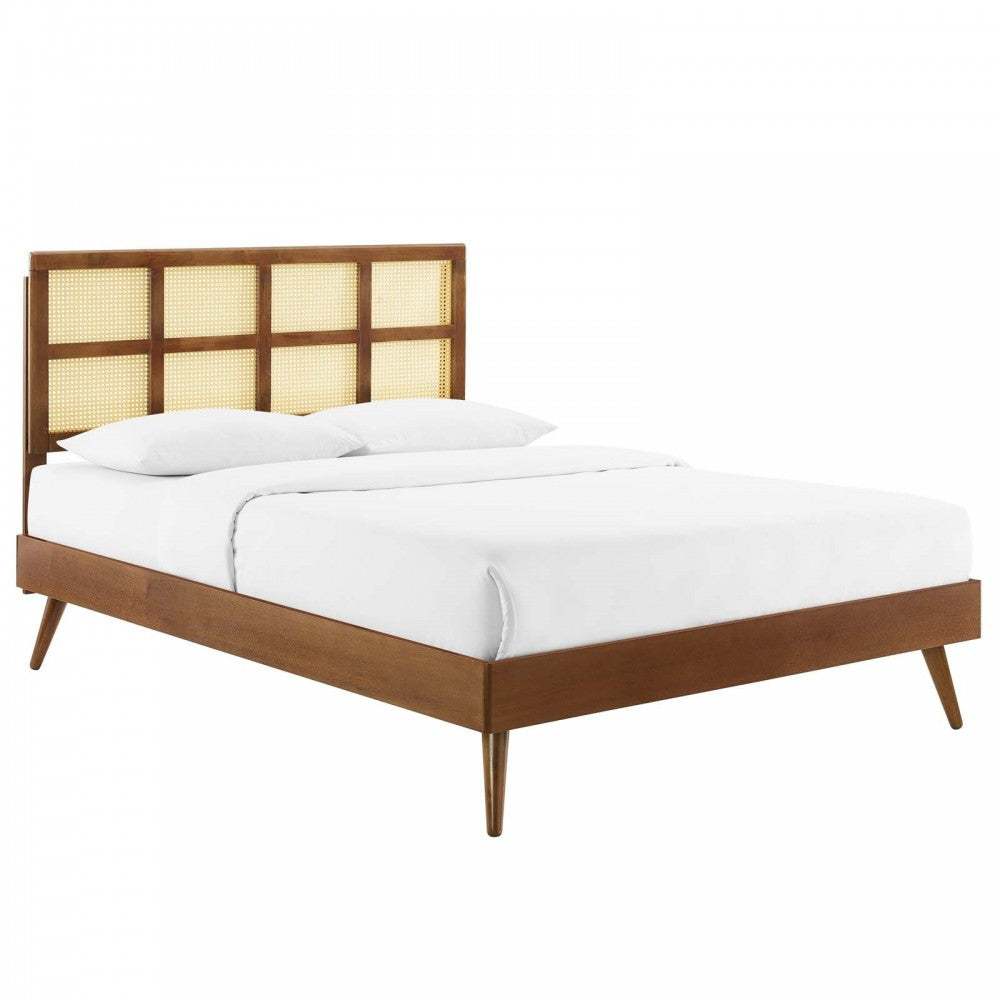 Sidney Cane and Wood Full Platform Bed With Splayed Legs, Walnut