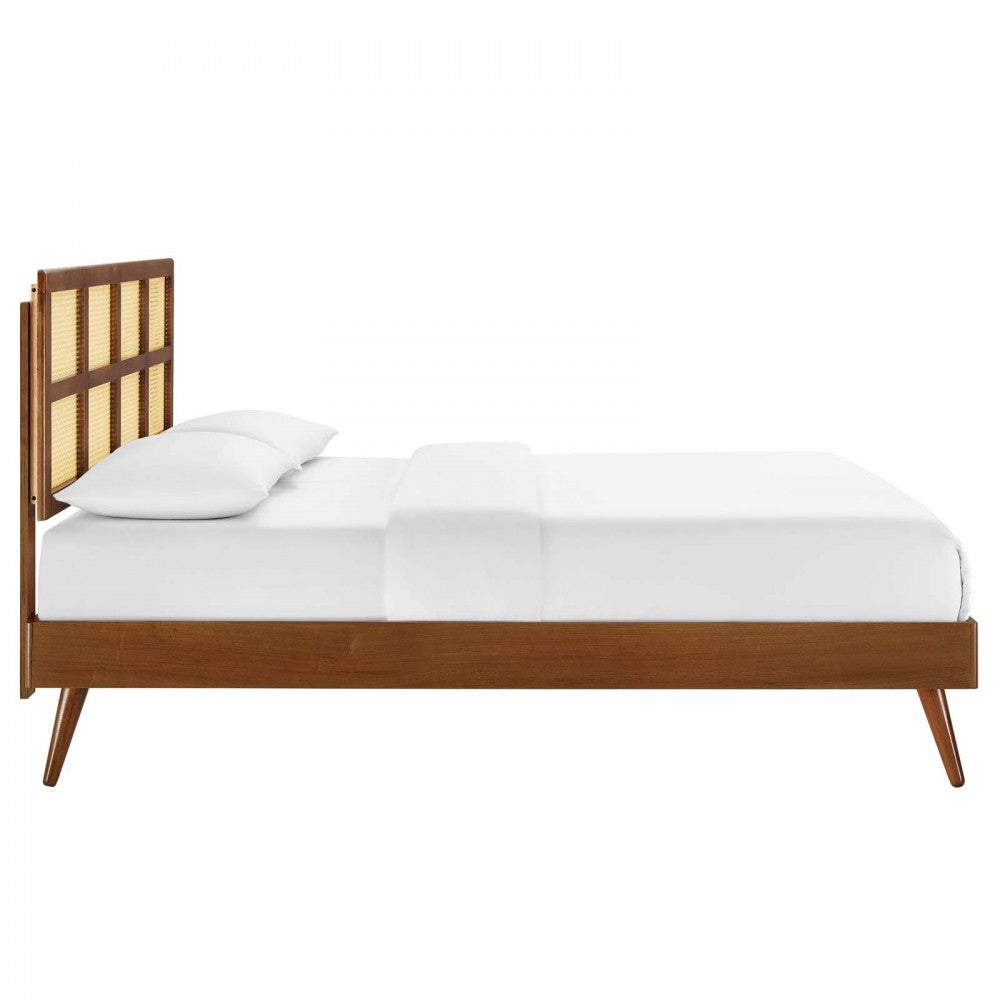 Sidney Cane and Wood Full Platform Bed With Splayed Legs, Walnut