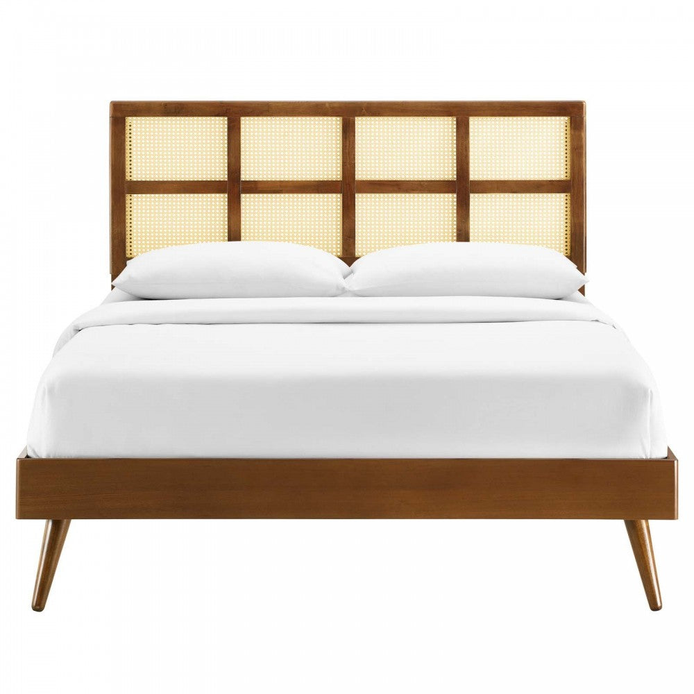 Sidney Cane and Wood Full Platform Bed With Splayed Legs, Walnut