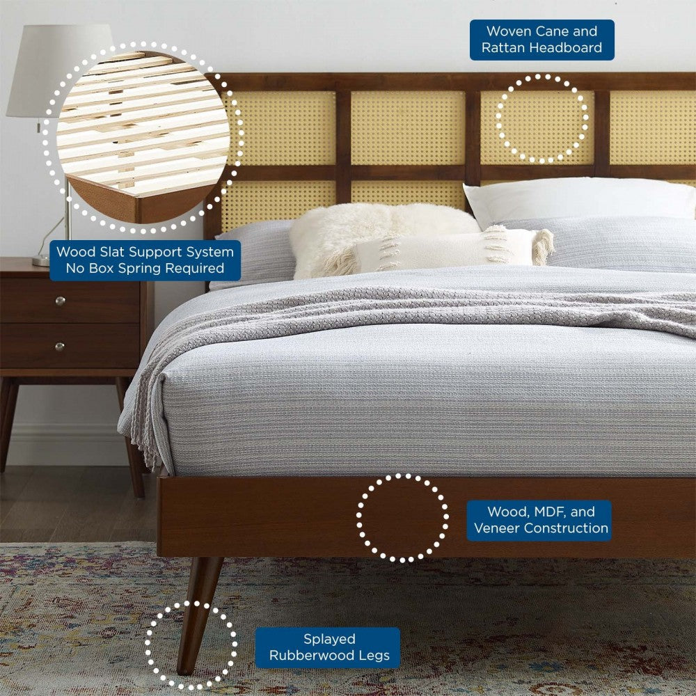 Sidney Cane and Wood Full Platform Bed With Splayed Legs, Walnut