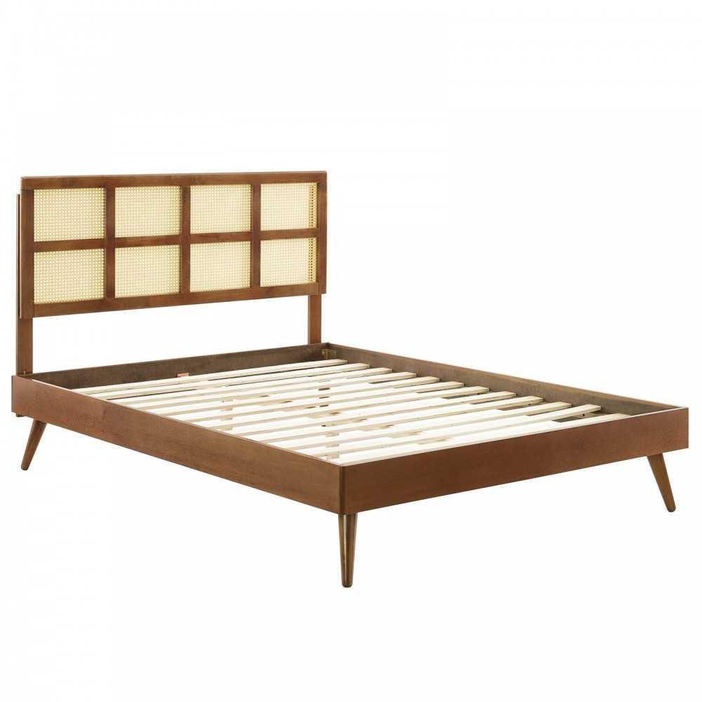 Sidney Cane and Wood Full Platform Bed With Splayed Legs, Walnut