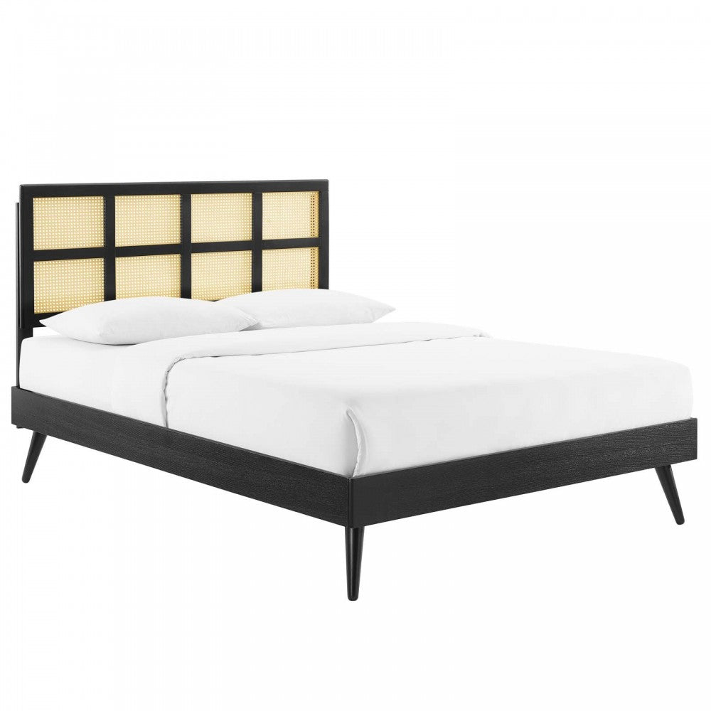 Sidney Cane and Wood Full Platform Bed With Splayed Legs, Black