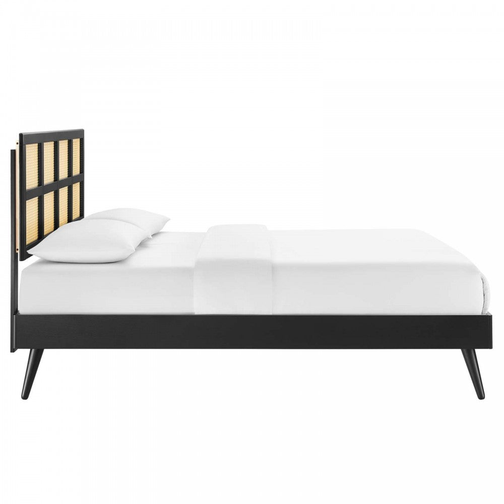 Sidney Cane and Wood Full Platform Bed With Splayed Legs, Black