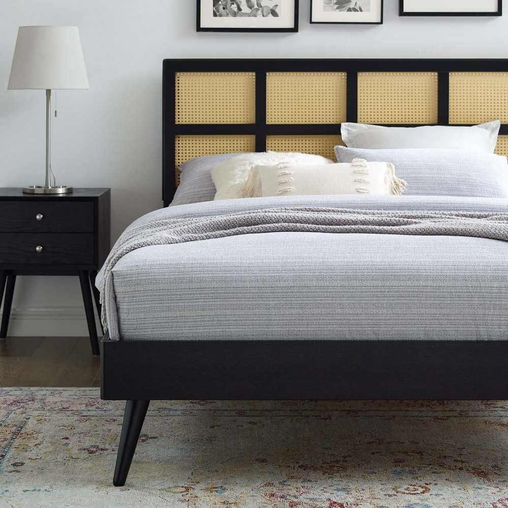 Sidney Cane and Wood Full Platform Bed With Splayed Legs, Black