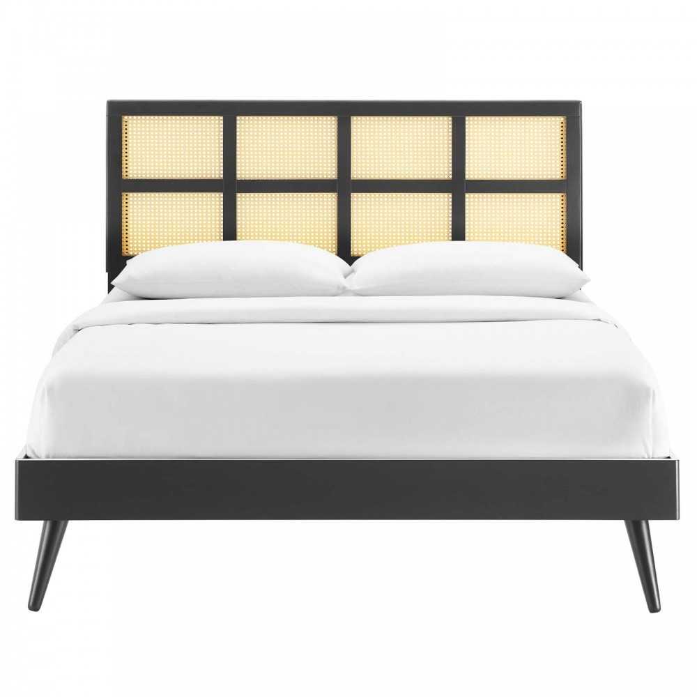 Sidney Cane and Wood Full Platform Bed With Splayed Legs, Black