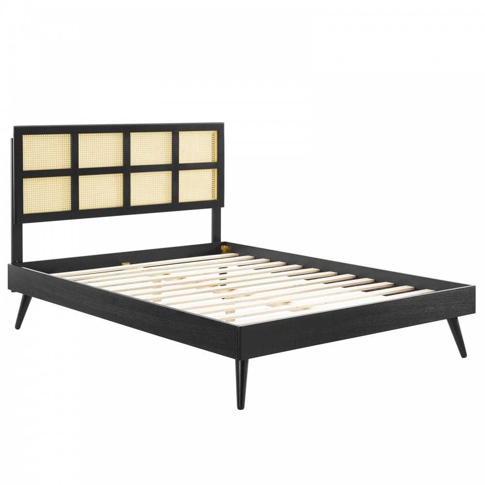 Sidney Cane and Wood Full Platform Bed With Splayed Legs, Black