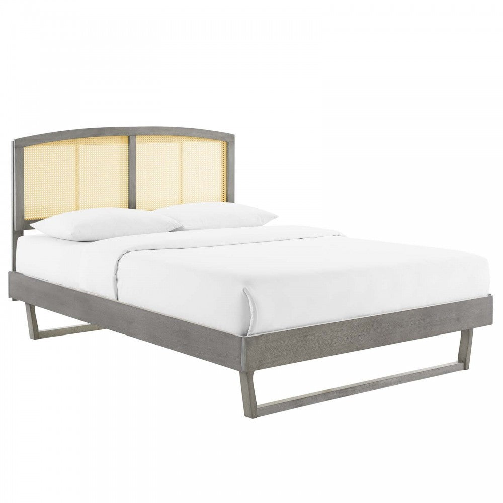 Sierra Cane and Wood Full Platform Bed With Angular Legs, Gray