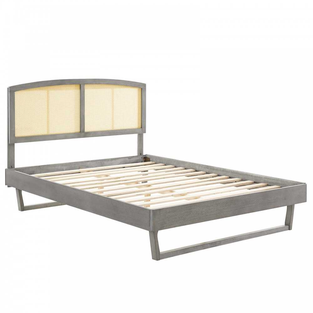 Sierra Cane and Wood Full Platform Bed With Angular Legs, Gray