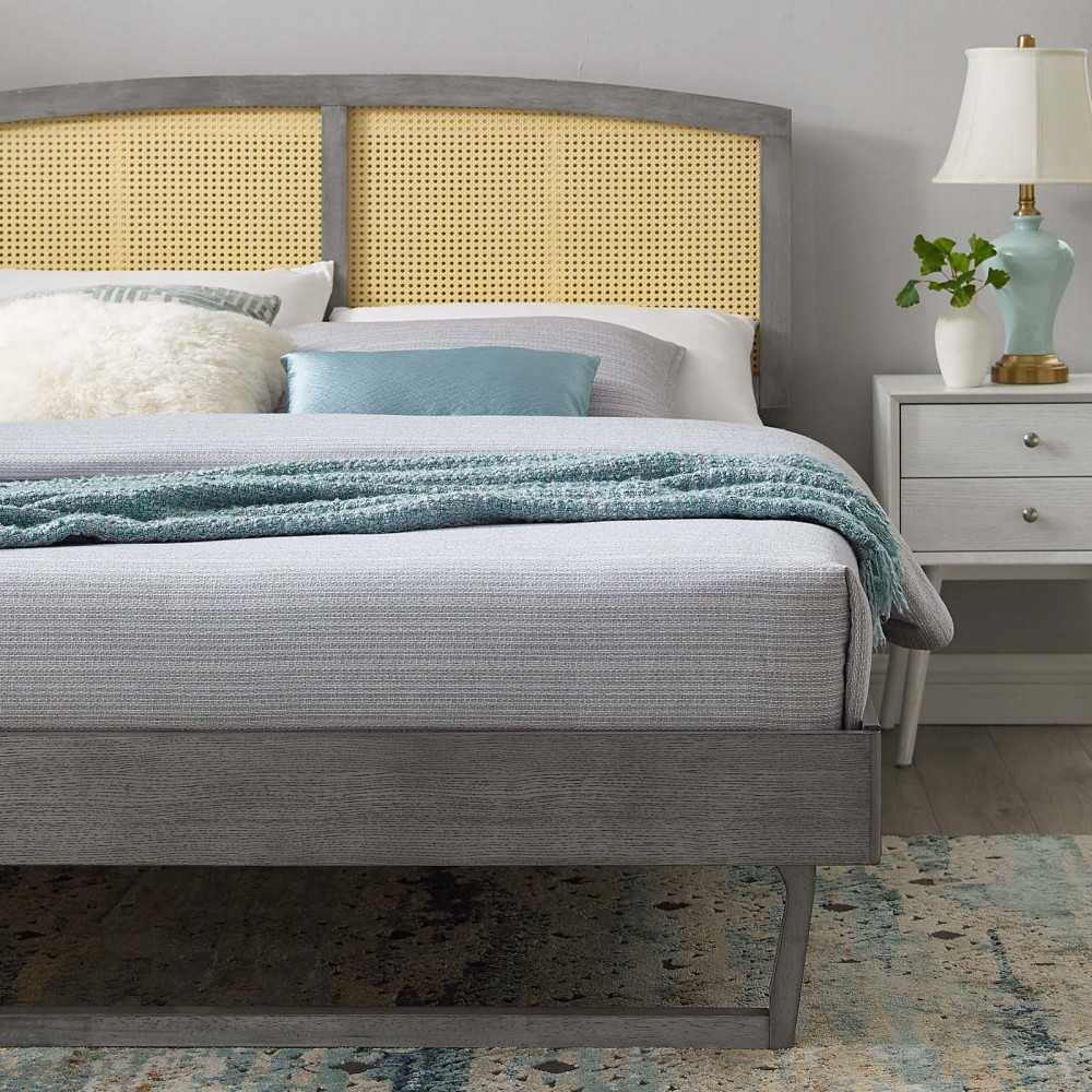 Sierra Cane and Wood Full Platform Bed With Angular Legs, Gray