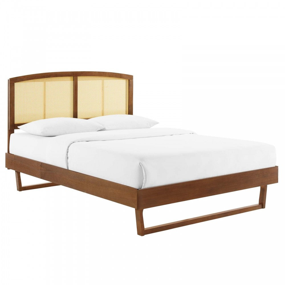 Sierra Cane and Wood Full Platform Bed With Angular Legs, Walnut