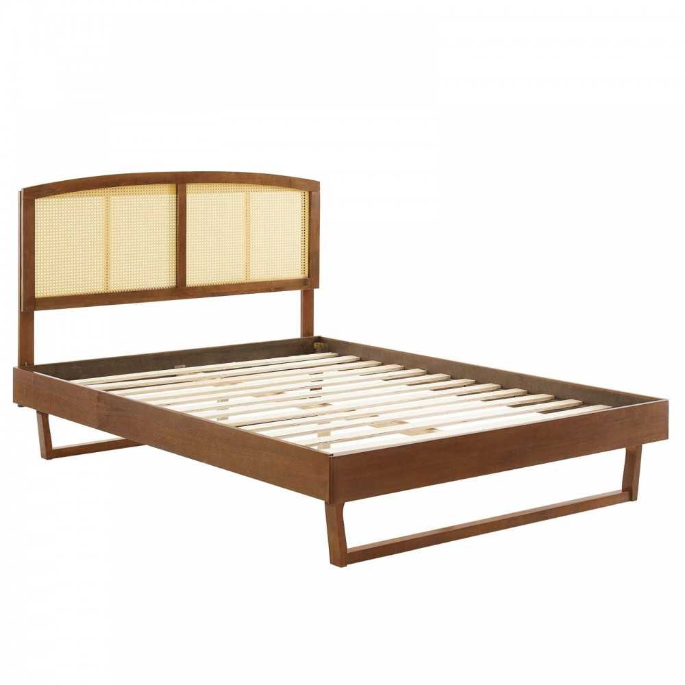 Sierra Cane and Wood Full Platform Bed With Angular Legs, Walnut