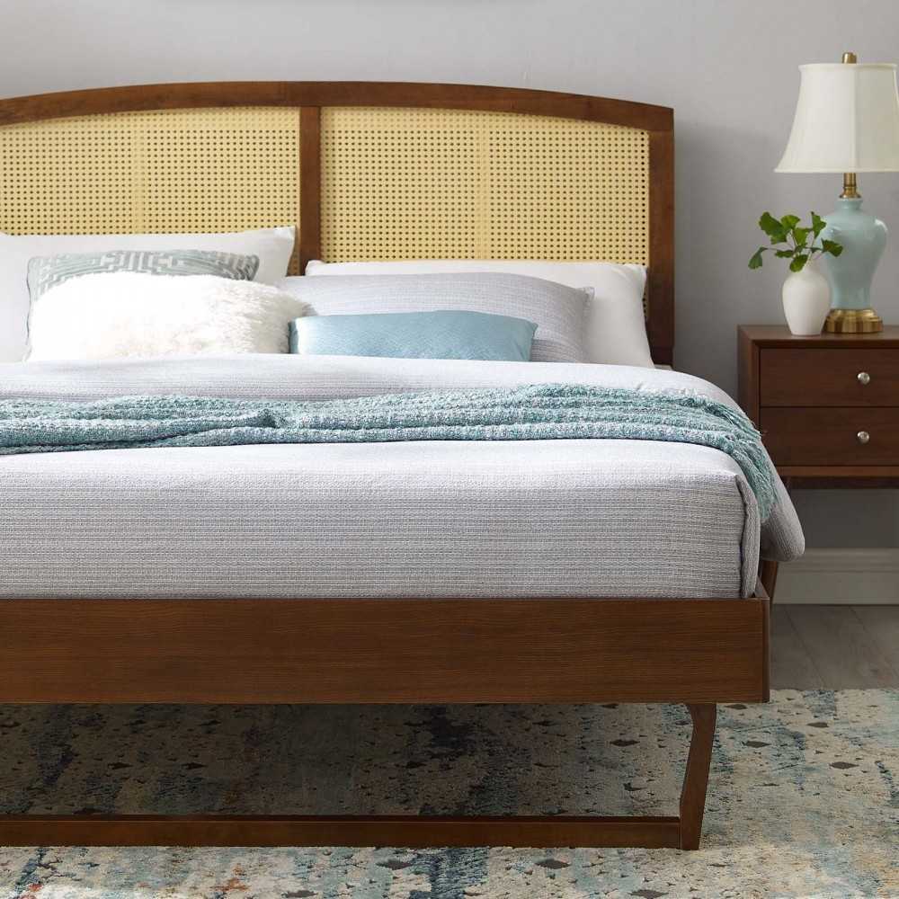 Sierra Cane and Wood Full Platform Bed With Angular Legs, Walnut