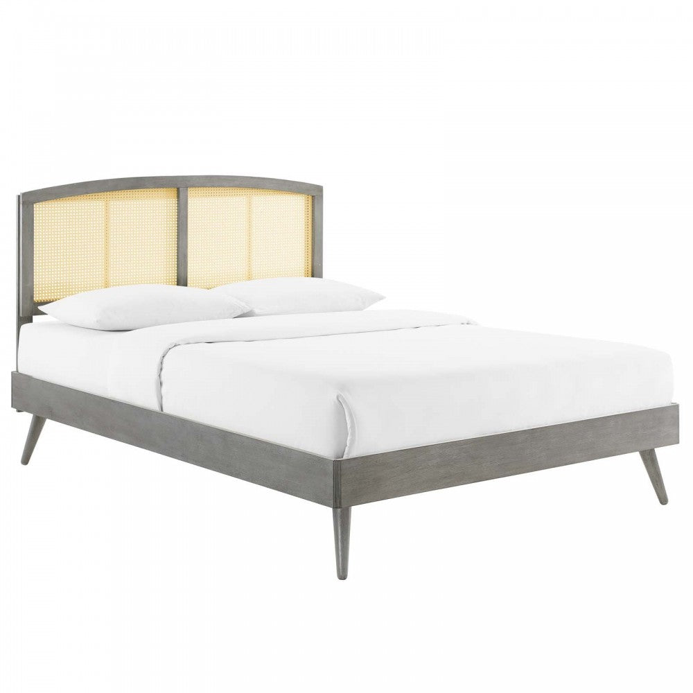 Sierra Cane and Wood Full Platform Bed With Splayed Legs, Gray