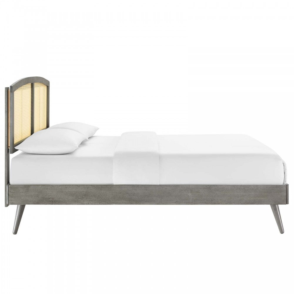 Sierra Cane and Wood Full Platform Bed With Splayed Legs, Gray