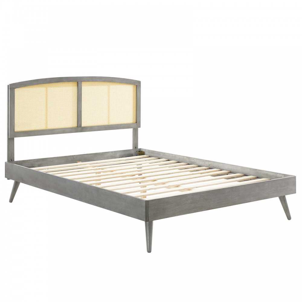 Sierra Cane and Wood Full Platform Bed With Splayed Legs, Gray