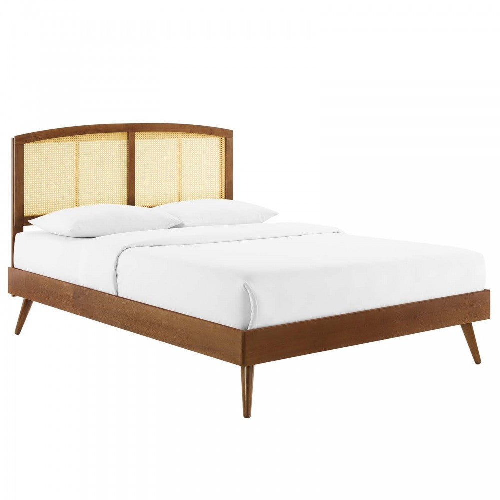 Sierra Cane and Wood Full Platform Bed With Splayed Legs, Walnut