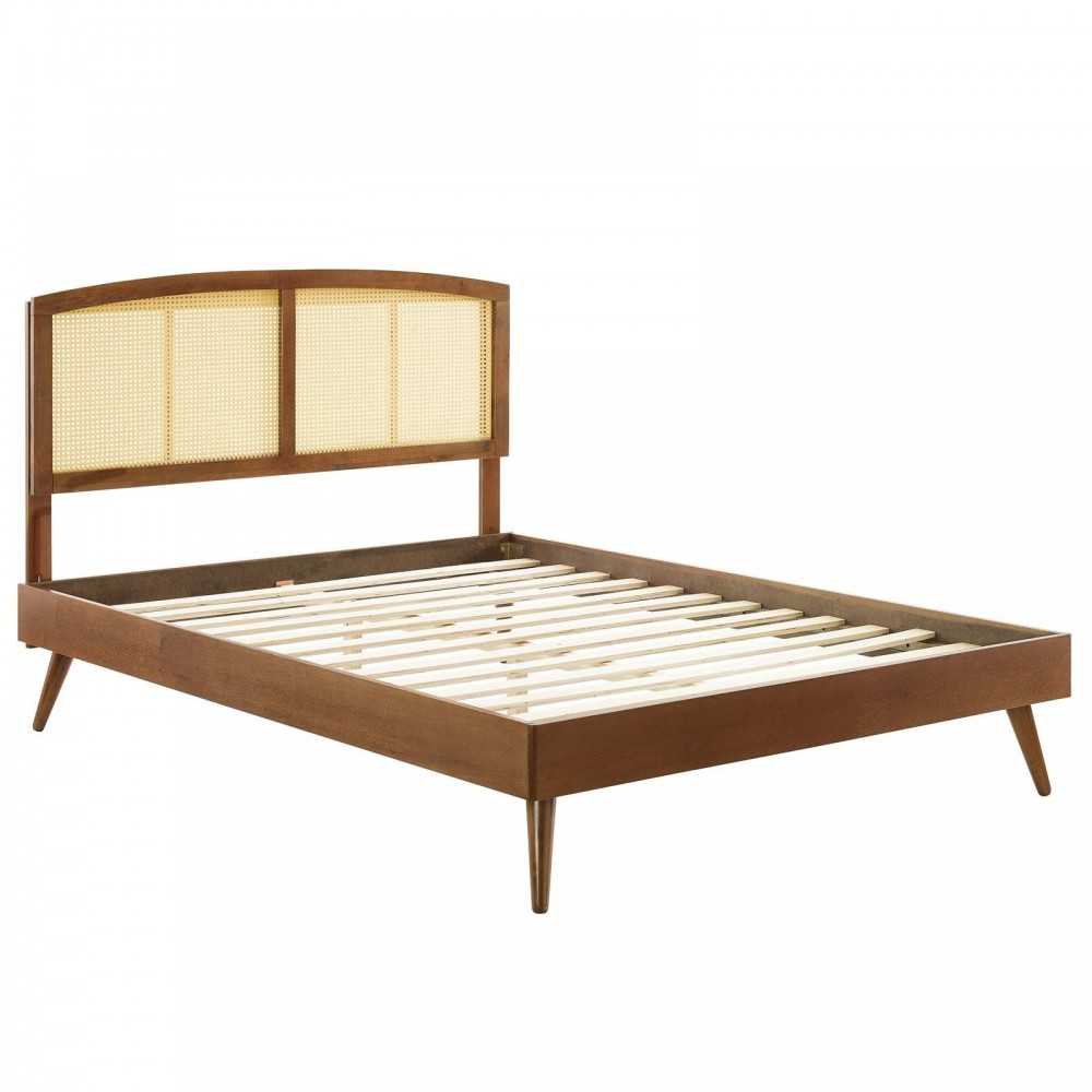 Sierra Cane and Wood Full Platform Bed With Splayed Legs, Walnut