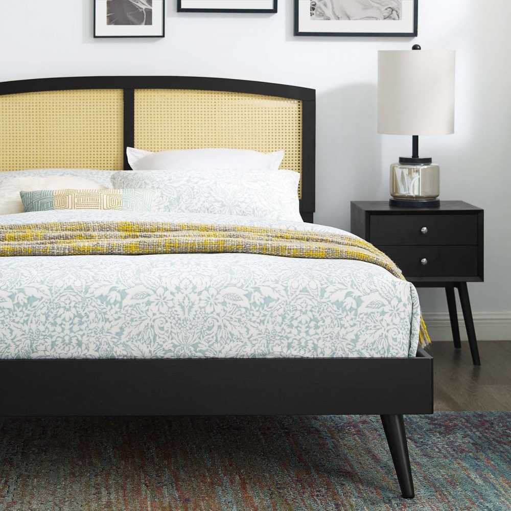 Sierra Cane and Wood Full Platform Bed With Splayed Legs, Black