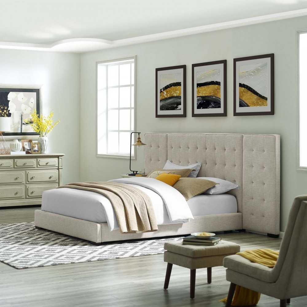 Sierra Queen Upholstered Fabric Platform Bed, Beige