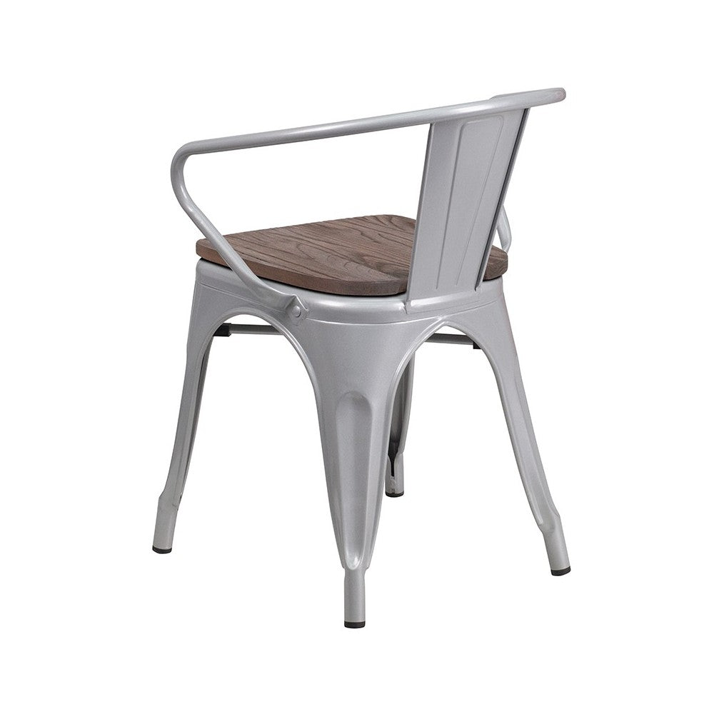 Silver Metal Chair with Wood Seat and Arms