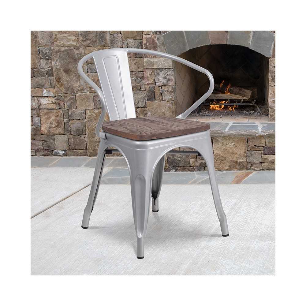 Silver Metal Chair with Wood Seat and Arms