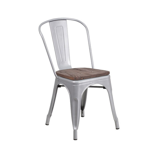 Silver Metal Stackable Chair with Wood Seat