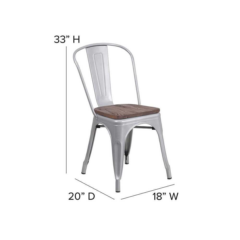 Silver Metal Stackable Chair with Wood Seat