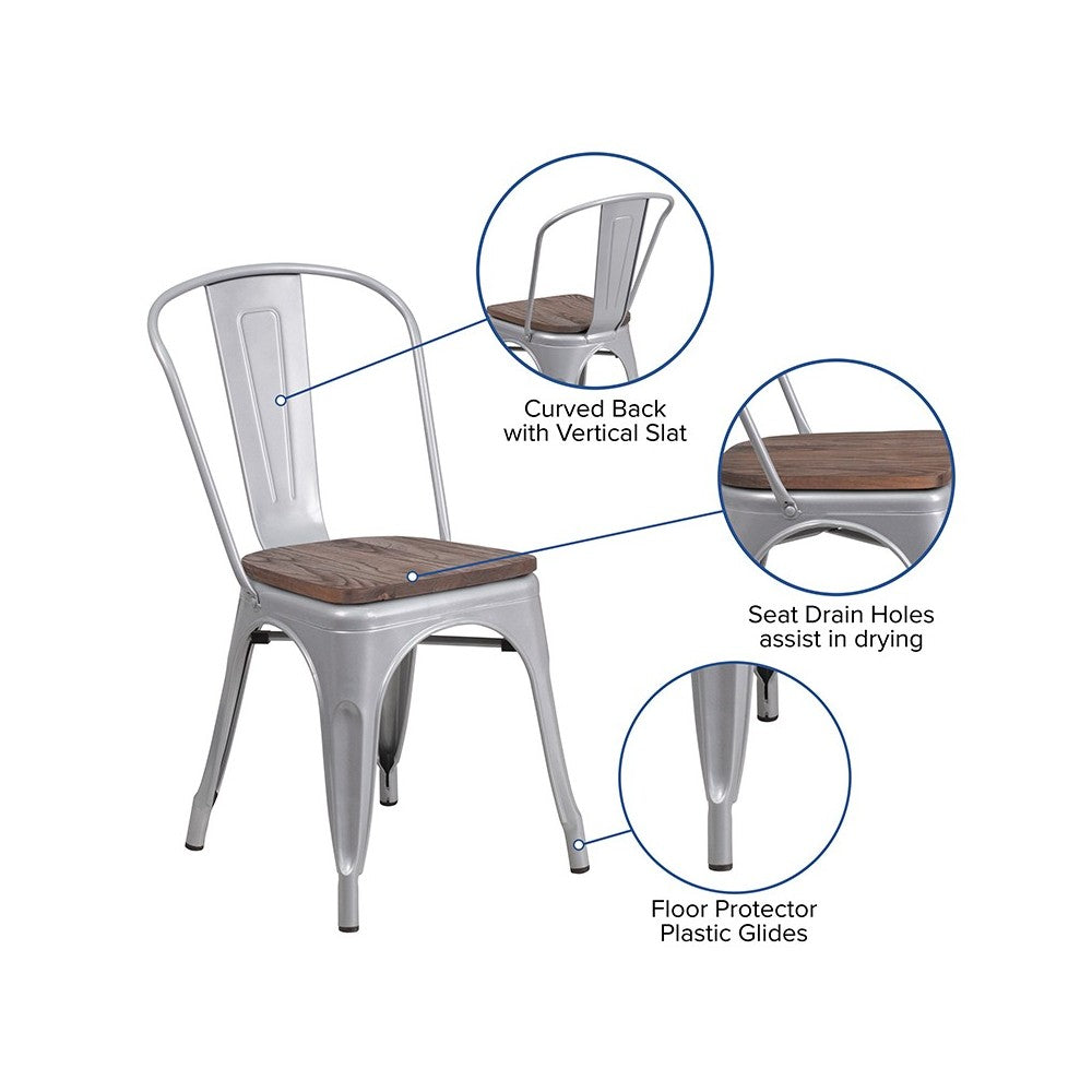 Silver Metal Stackable Chair with Wood Seat
