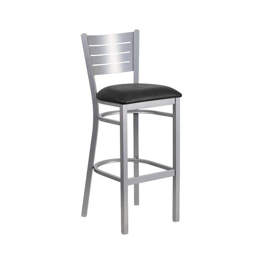 Silver Slat Back Metal Restaurant Barstool - Black Vinyl Seat