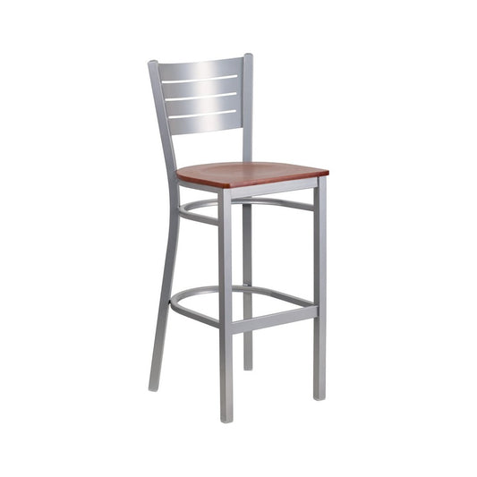 Silver Slat Back Metal Restaurant Barstool - Cherry Wood Seat