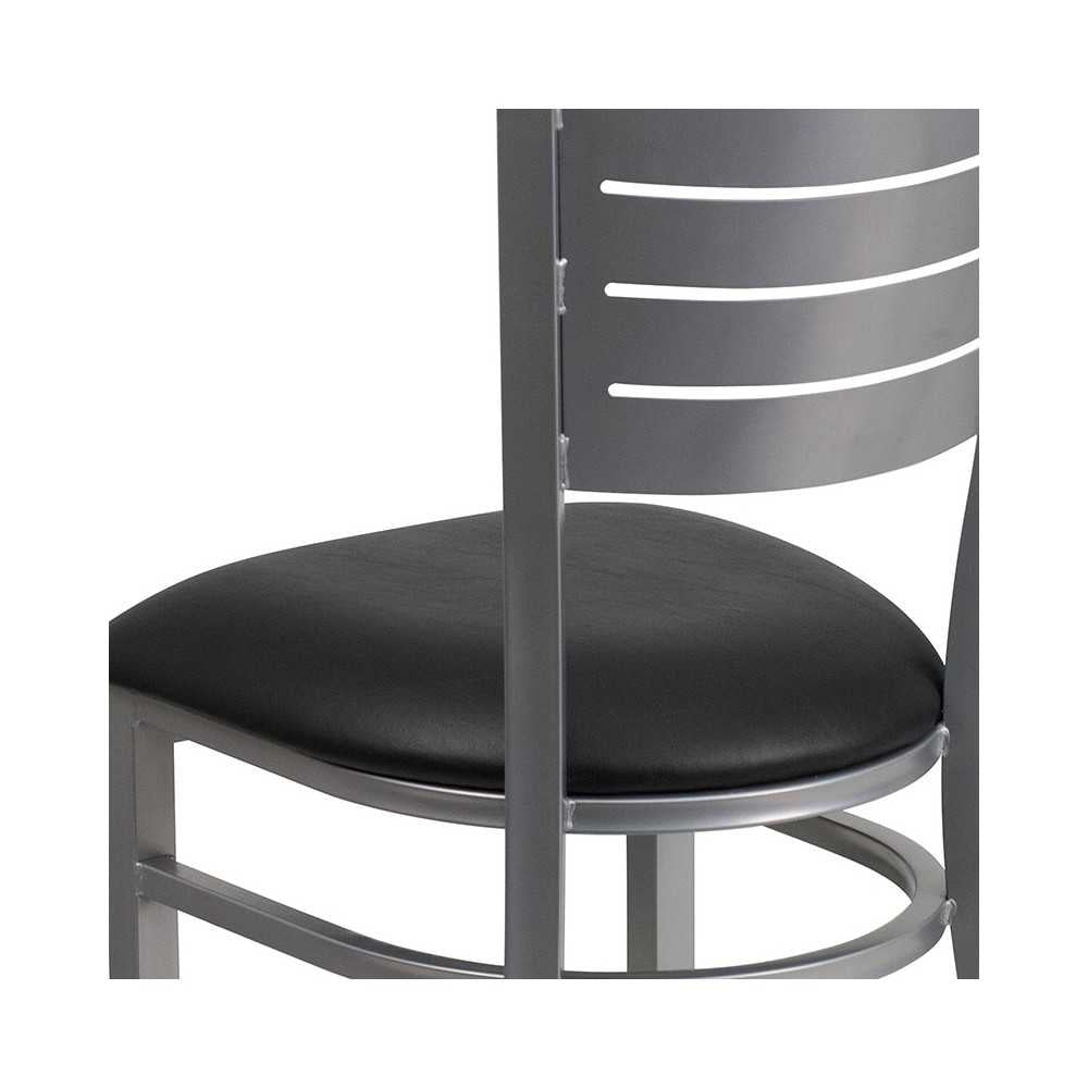 Silver Slat Back Metal Restaurant Chair - Black Vinyl Seat