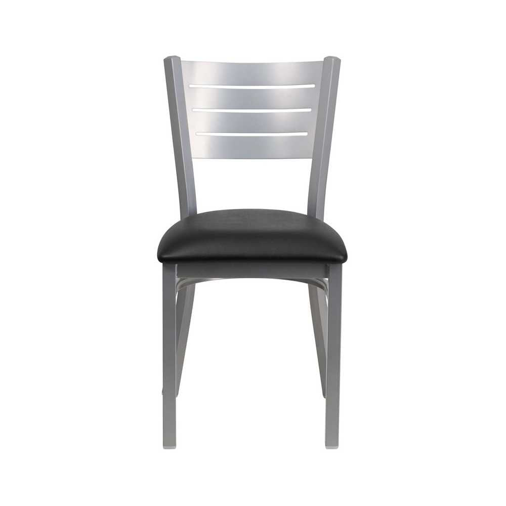 Silver Slat Back Metal Restaurant Chair - Black Vinyl Seat