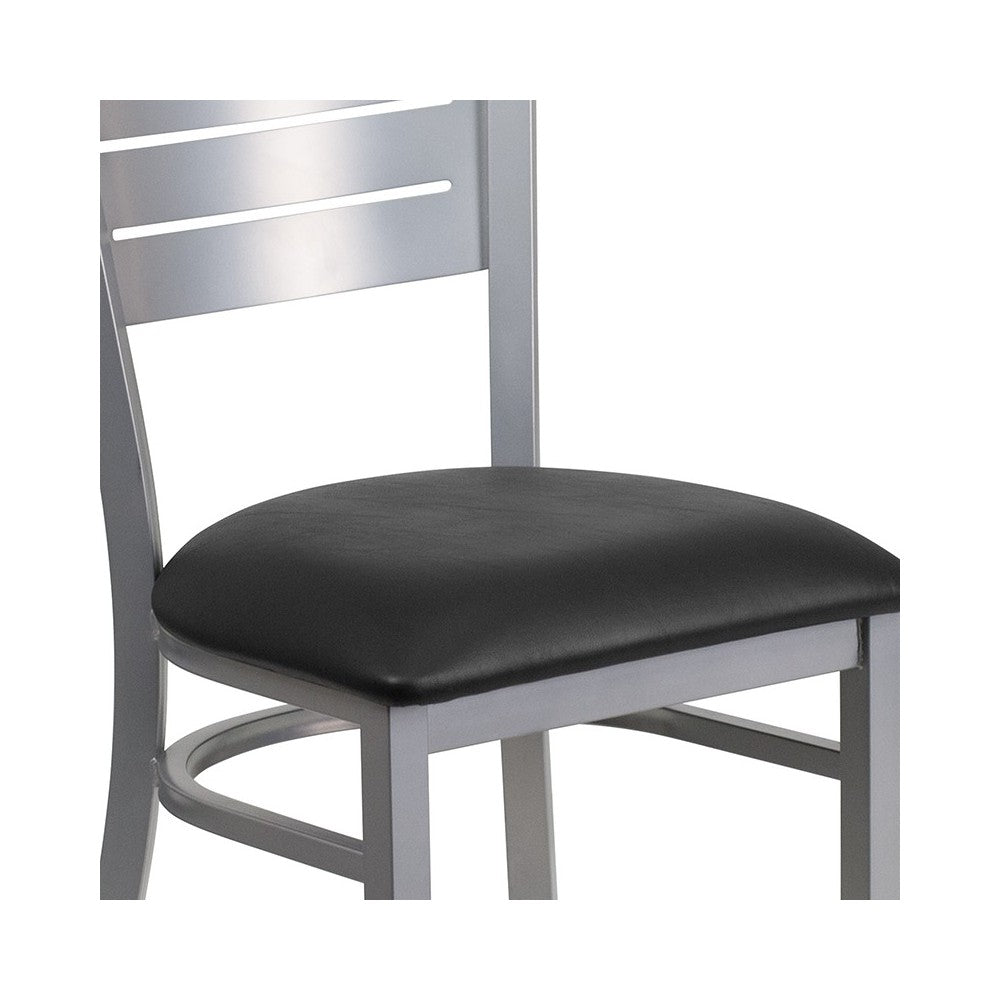 Silver Slat Back Metal Restaurant Chair - Black Vinyl Seat