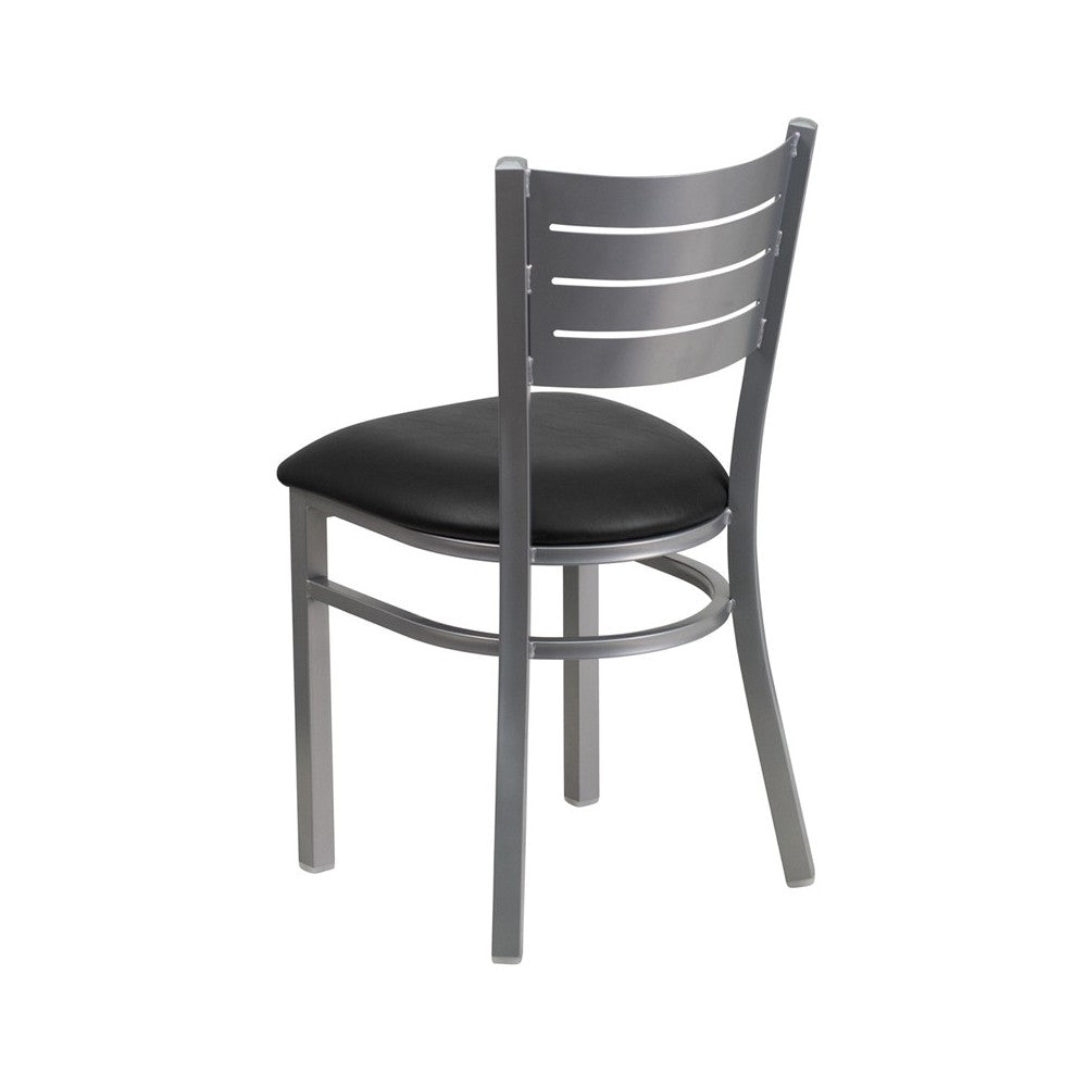 Silver Slat Back Metal Restaurant Chair - Black Vinyl Seat