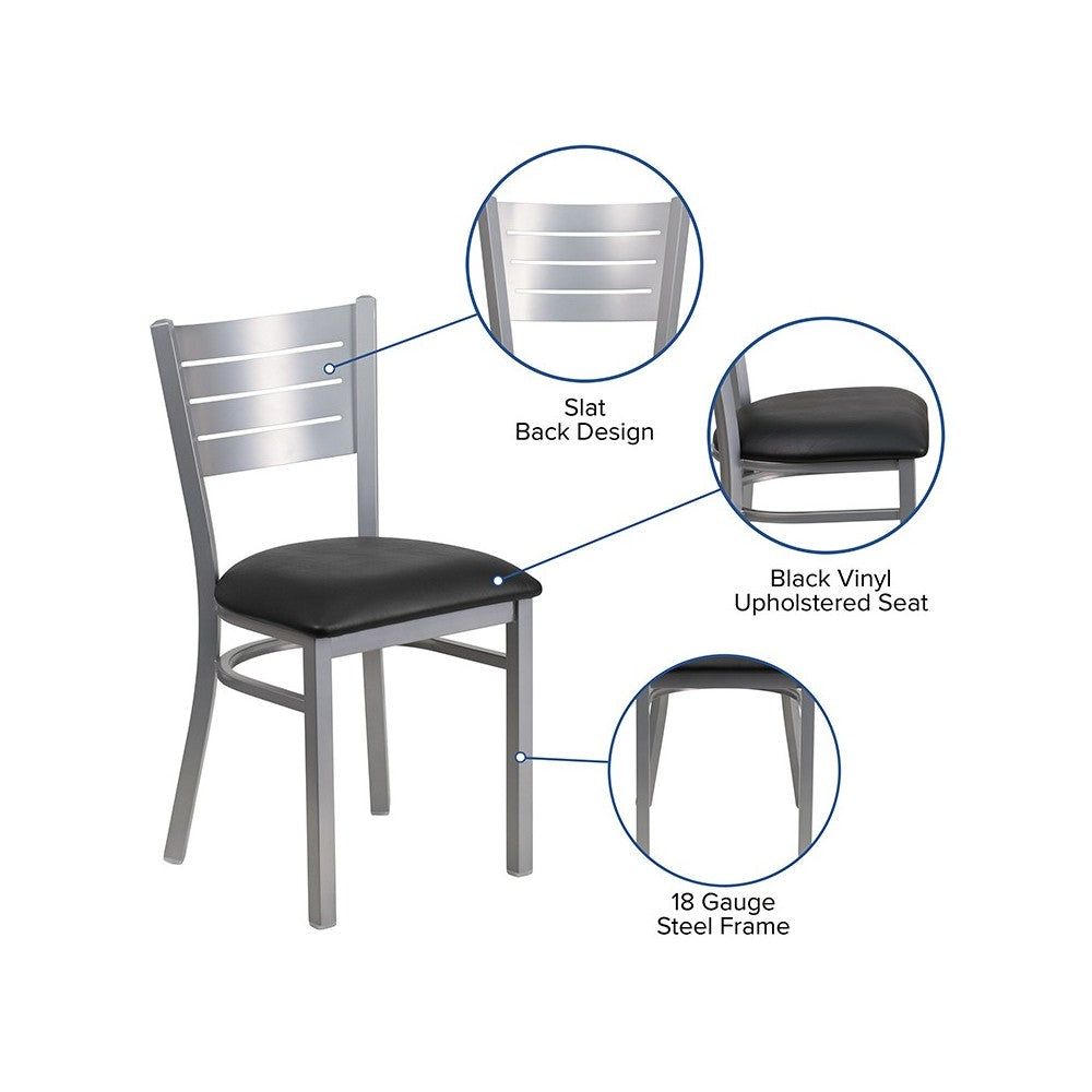 Silver Slat Back Metal Restaurant Chair - Black Vinyl Seat