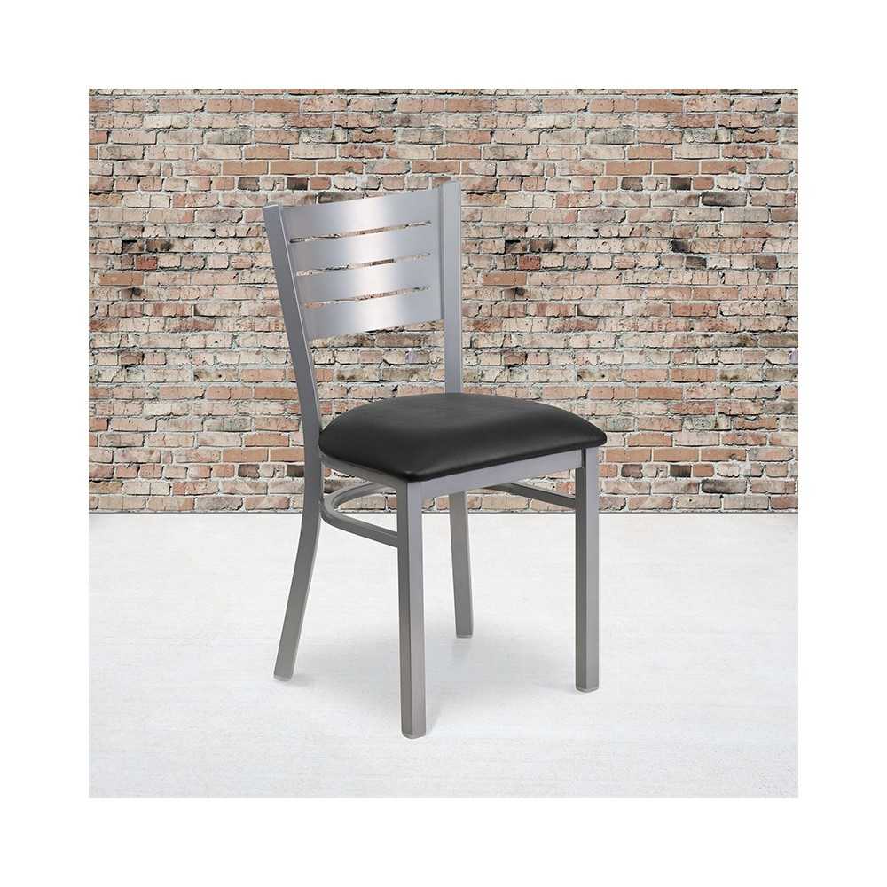 Silver Slat Back Metal Restaurant Chair - Black Vinyl Seat