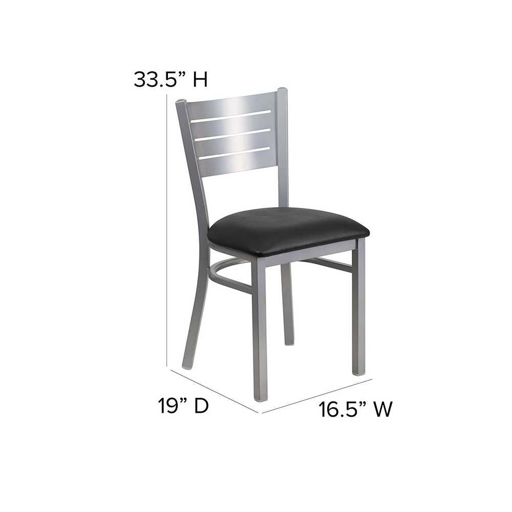 Silver Slat Back Metal Restaurant Chair - Black Vinyl Seat