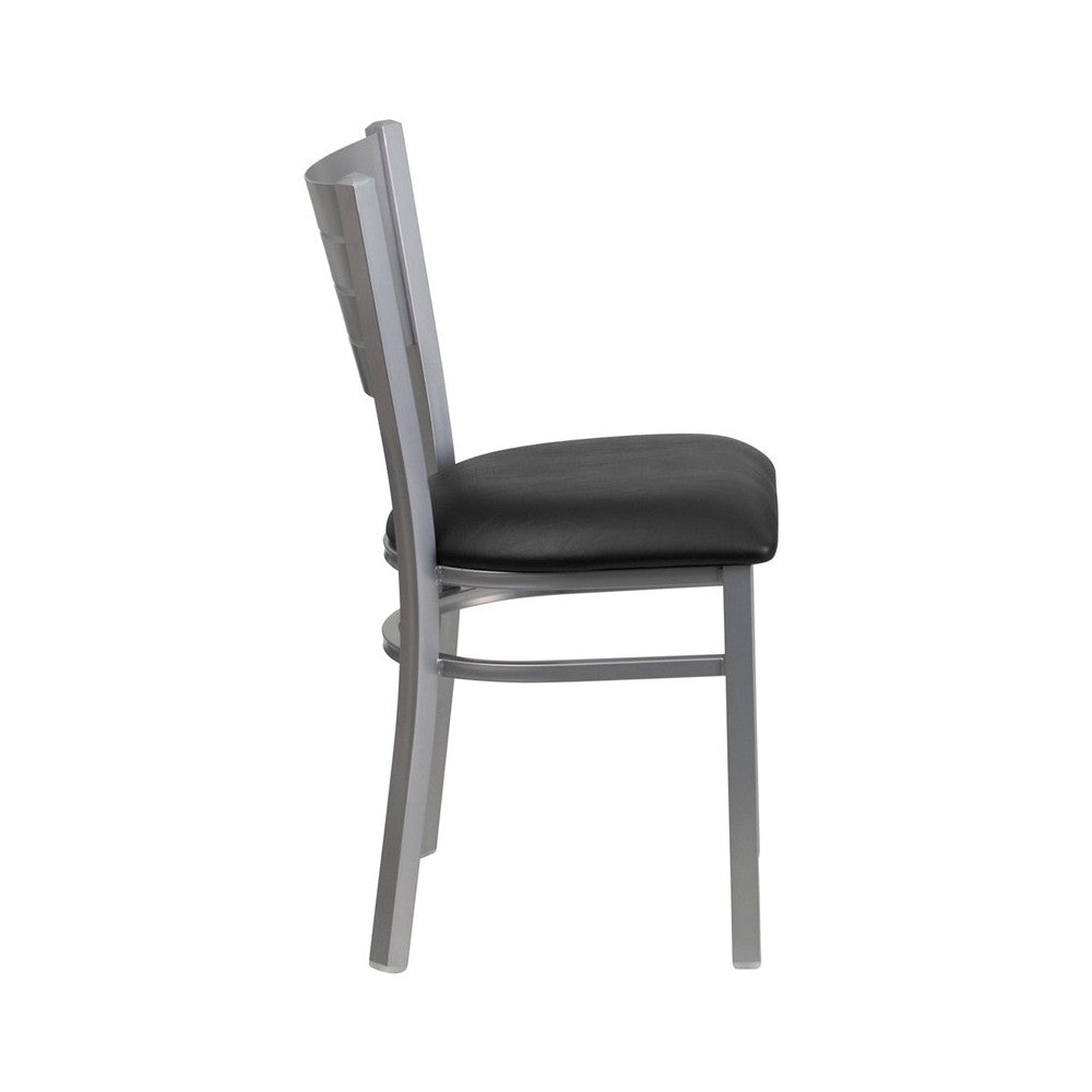 Silver Slat Back Metal Restaurant Chair - Black Vinyl Seat