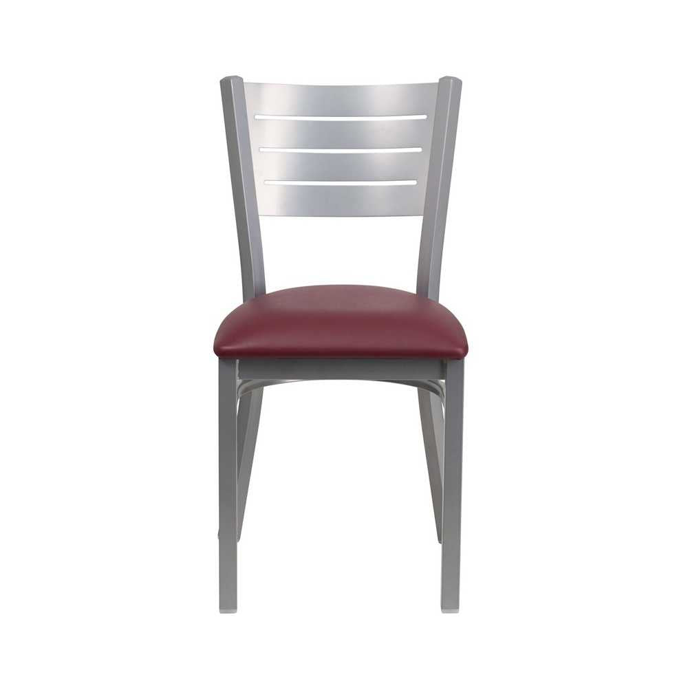 Silver Slat Back Metal Restaurant Chair - Burgundy Vinyl Seat