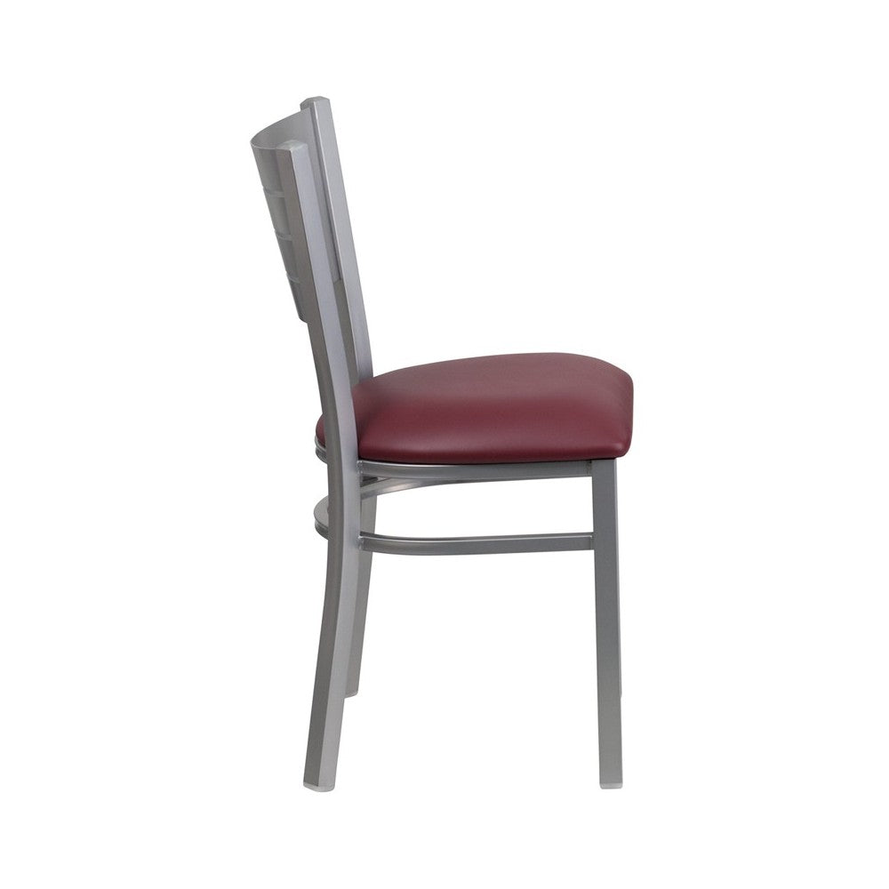 Silver Slat Back Metal Restaurant Chair - Burgundy Vinyl Seat