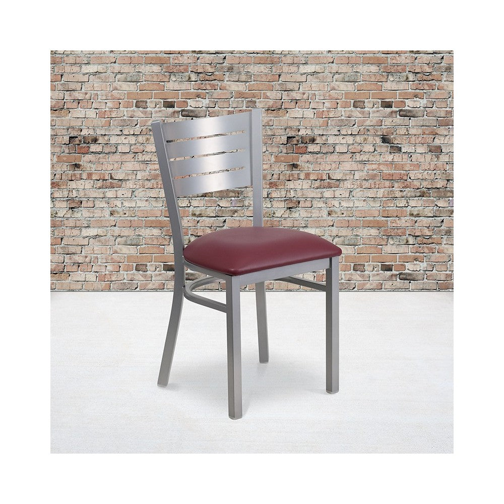 Silver Slat Back Metal Restaurant Chair - Burgundy Vinyl Seat