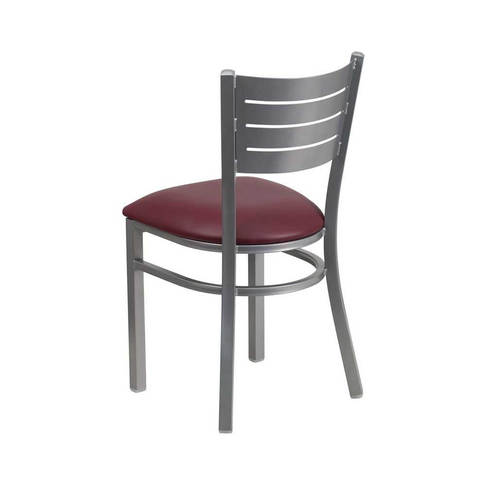 Silver Slat Back Metal Restaurant Chair - Burgundy Vinyl Seat